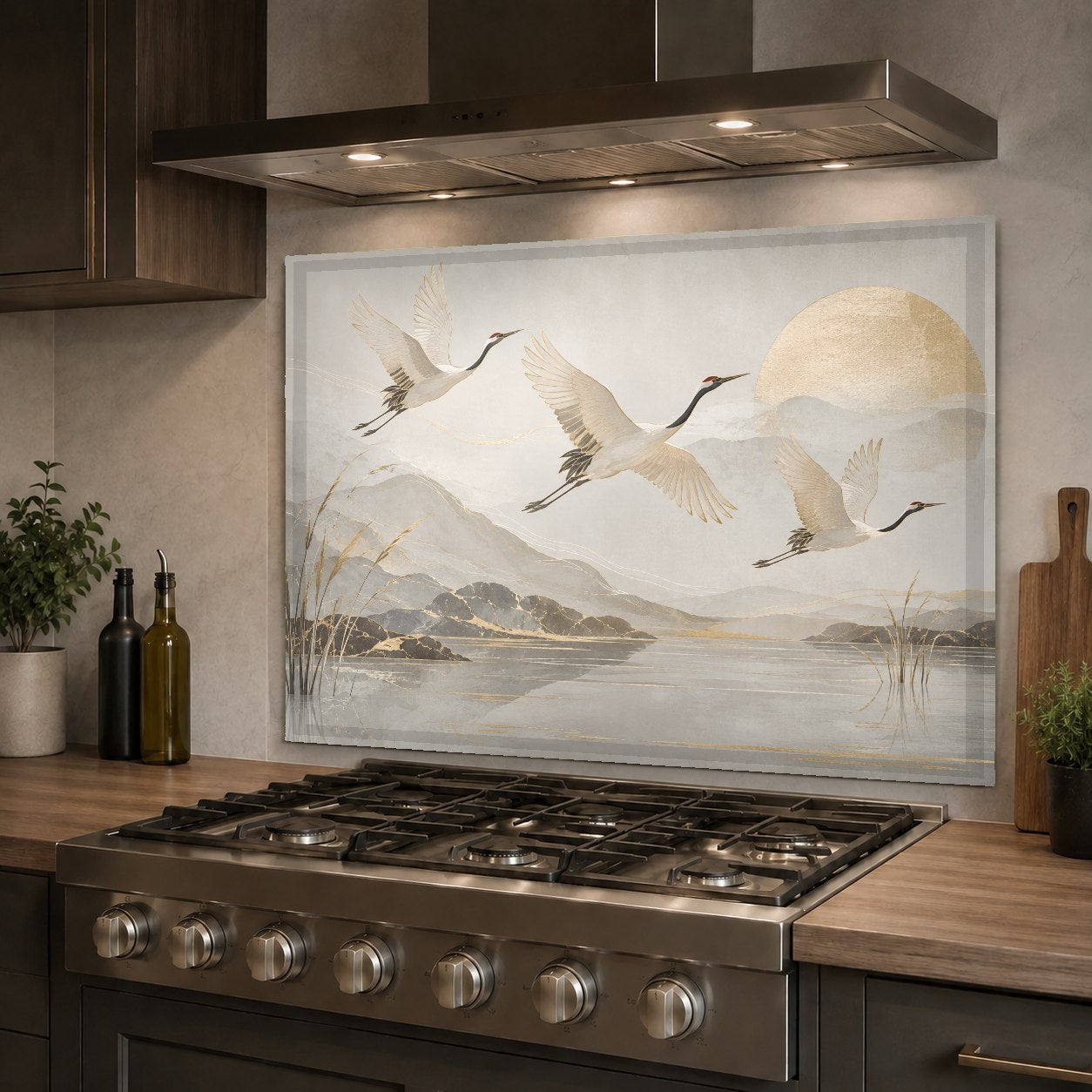 Vibrant bird design kitchen glass backsplash behind a white farmhouse sink