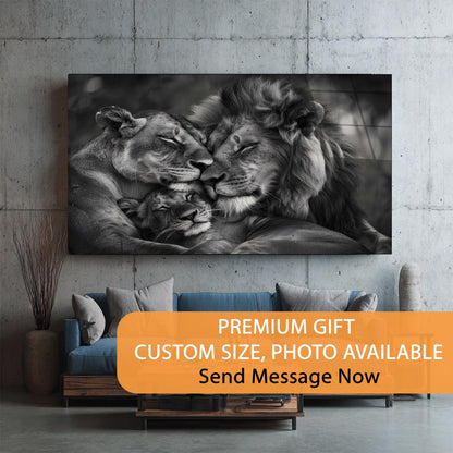 Lion family photo on a wall in a modern living room with promotional text overlay.
