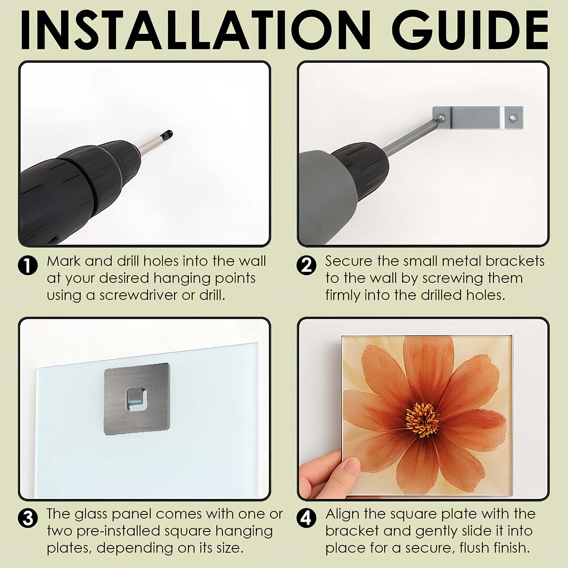Installation guide for wall art with step-by-step instructions and images.