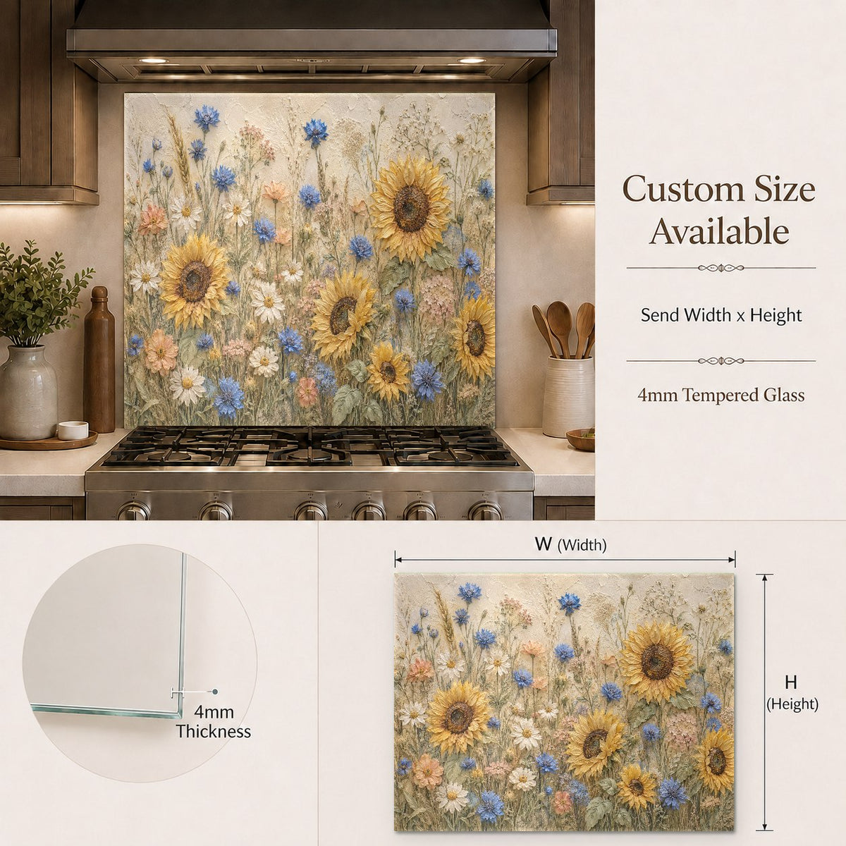 Sunflower glass backsplash behind modern stove