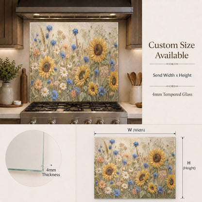 Sunflower glass backsplash behind modern stove