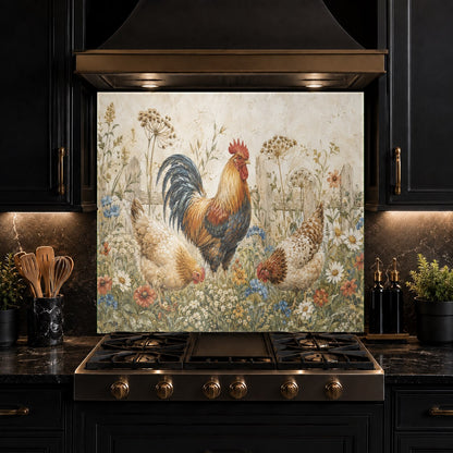 Farmhouse kitchen featuring a rustic rooster tempered glass backsplash panel behind the stove.