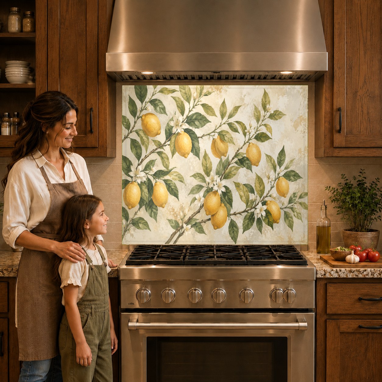 Tempered glass kitchen backsplash with yellow lemon pattern mounted on the wall behind an induction cooktop.