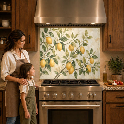 Tempered glass kitchen backsplash with yellow lemon pattern mounted on the wall behind an induction cooktop.