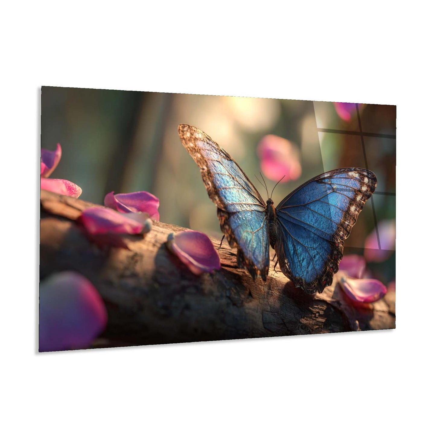 Blue butterfly on pink petals with a blurred background