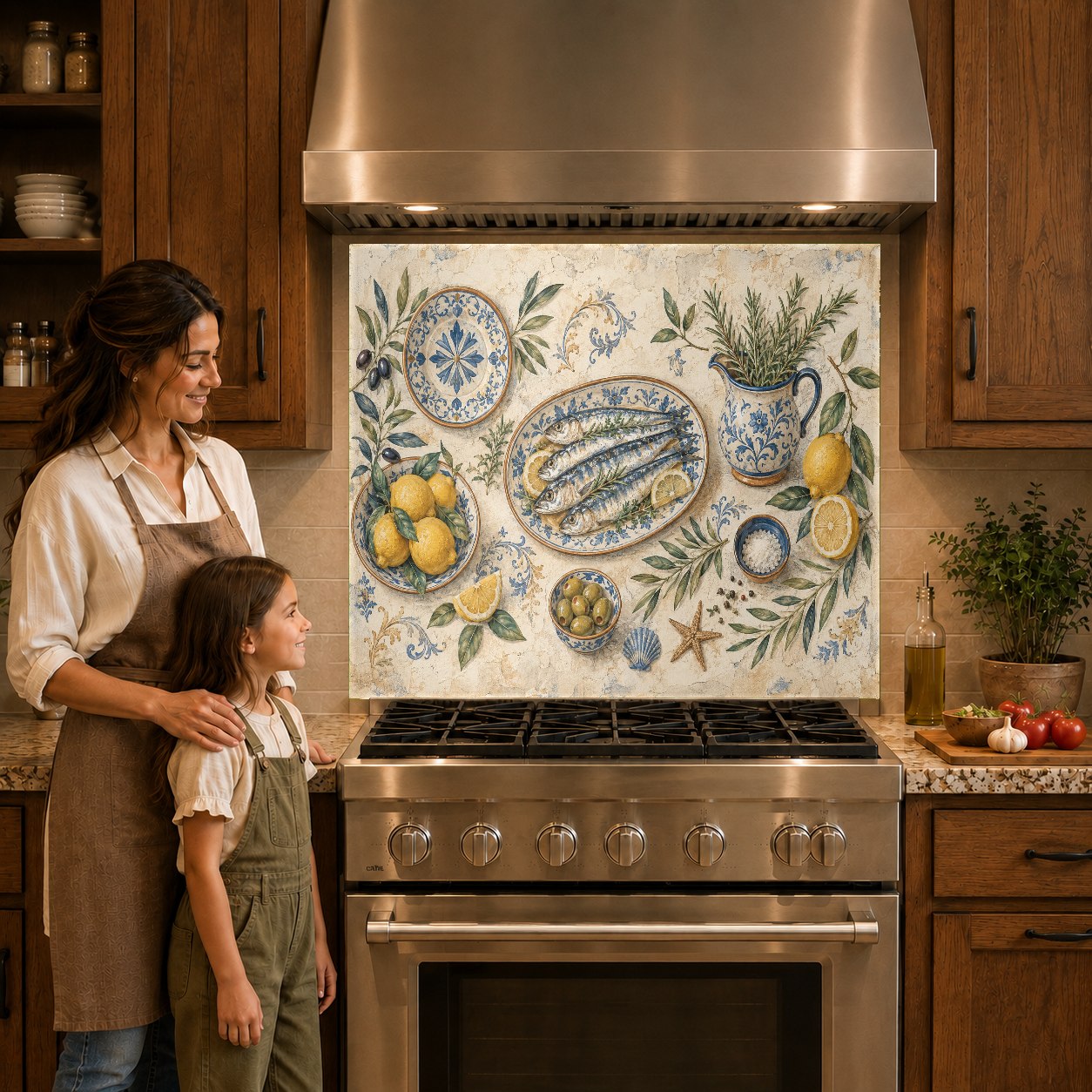 Vibrant citrus and marine themed glass backsplash panel positioned behind a modern induction cooktop.