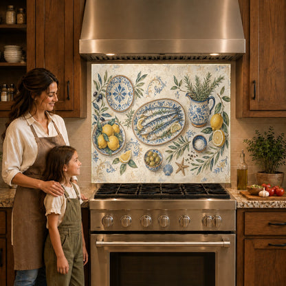 Vibrant citrus and marine themed glass backsplash panel positioned behind a modern induction cooktop.