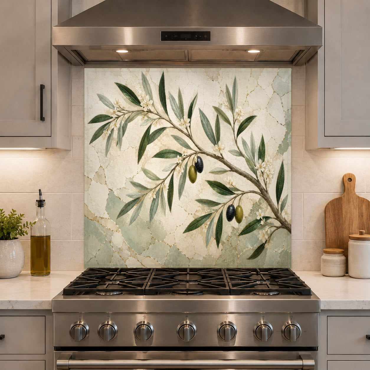 Durable tempered glass kitchen backsplash with a soft green foliage design behind a professional range.
