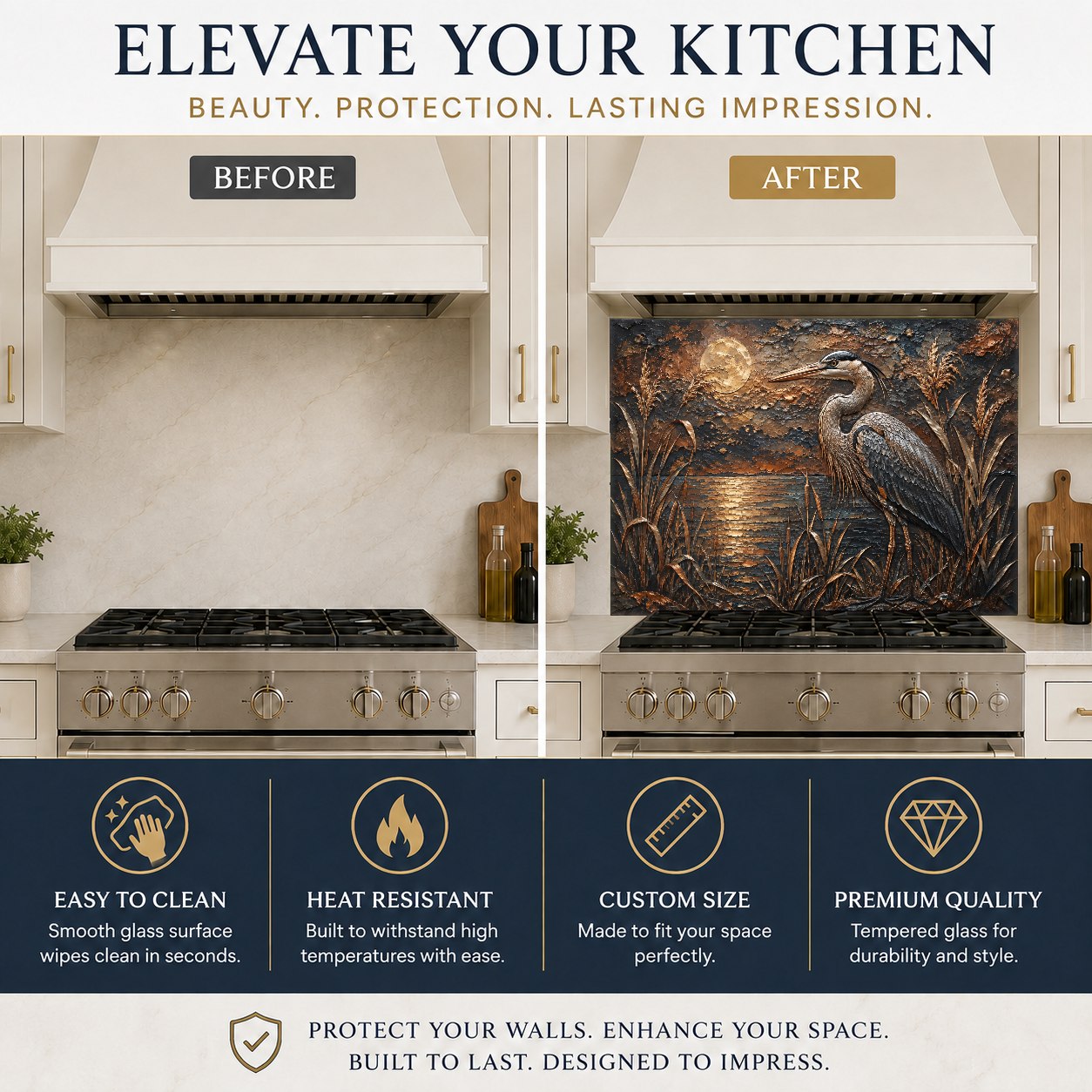 Close-up of the high-gloss, scratch-resistant tempered glass backsplash with a detailed heron and full moon.