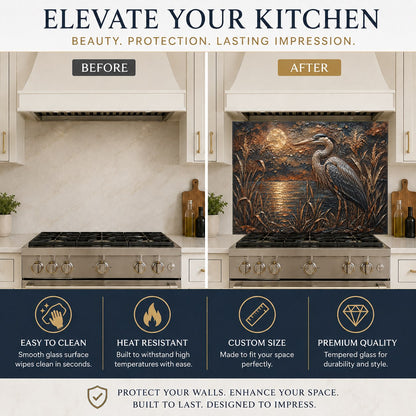 Close-up of the high-gloss, scratch-resistant tempered glass backsplash with a detailed heron and full moon.