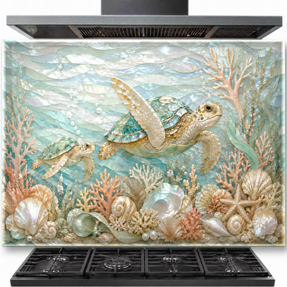 Coastal turtle tempered glass backsplash installed behind kitchen stove