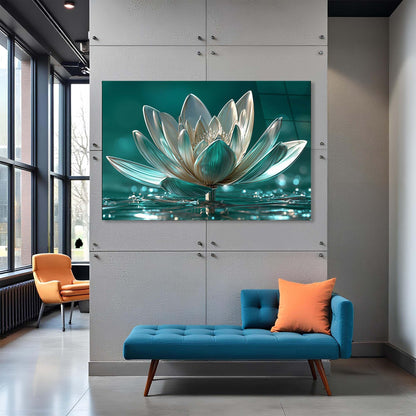 Modern interior with a blue sofa, orange chair, and decorative lotus flower painting on a wall.
