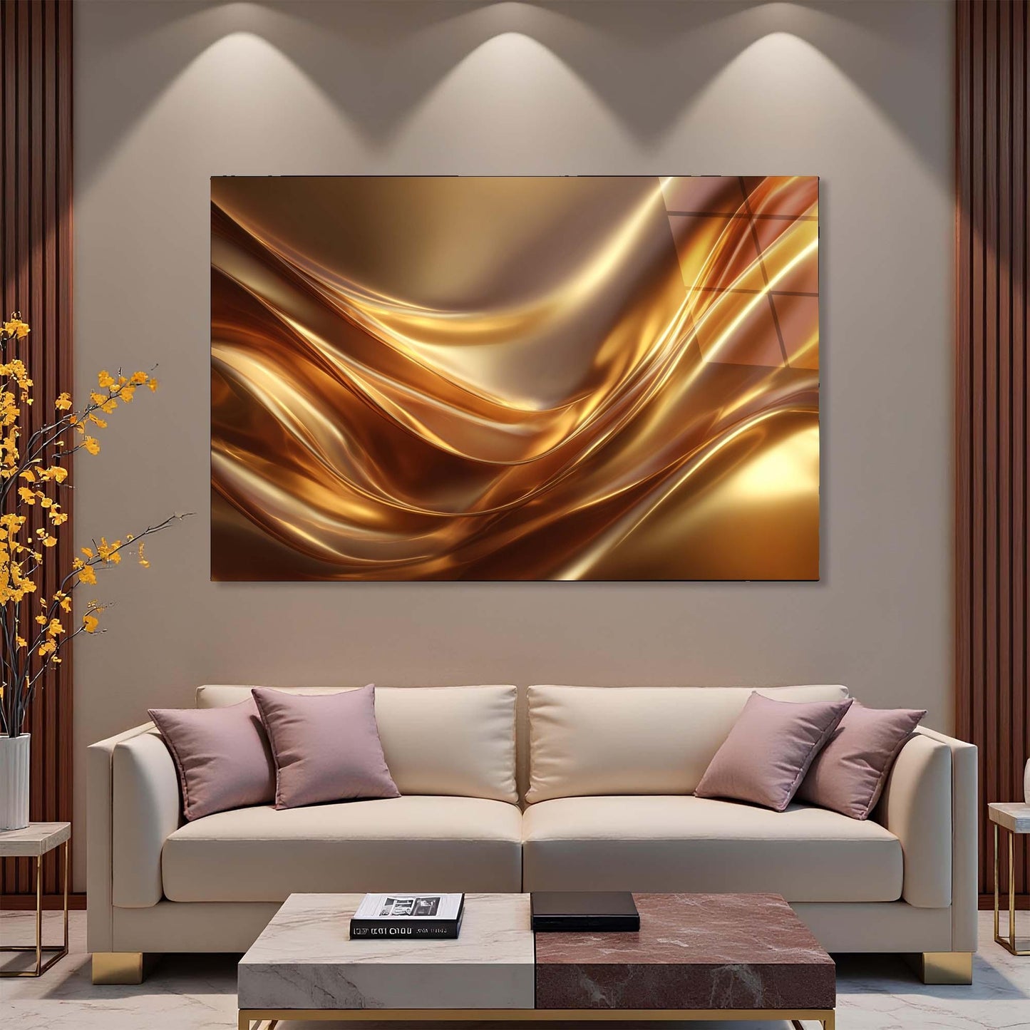 Modern living room with a beige sofa, abstract gold painting, and decorative elements.
