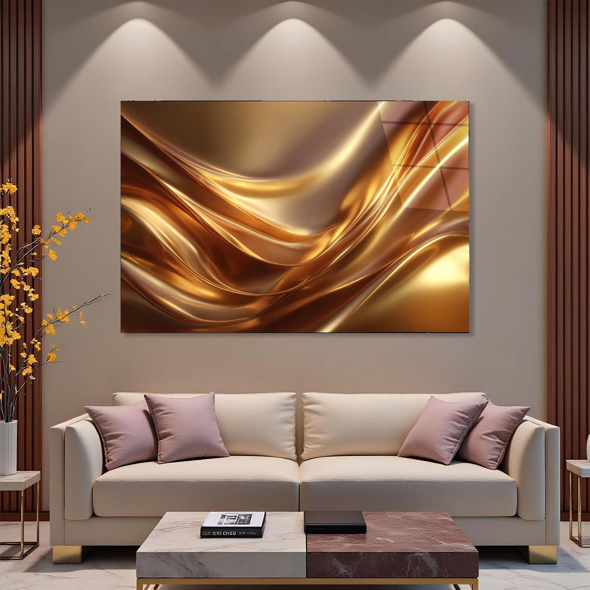 Modern living room with a beige sofa, abstract gold painting, and decorative elements.