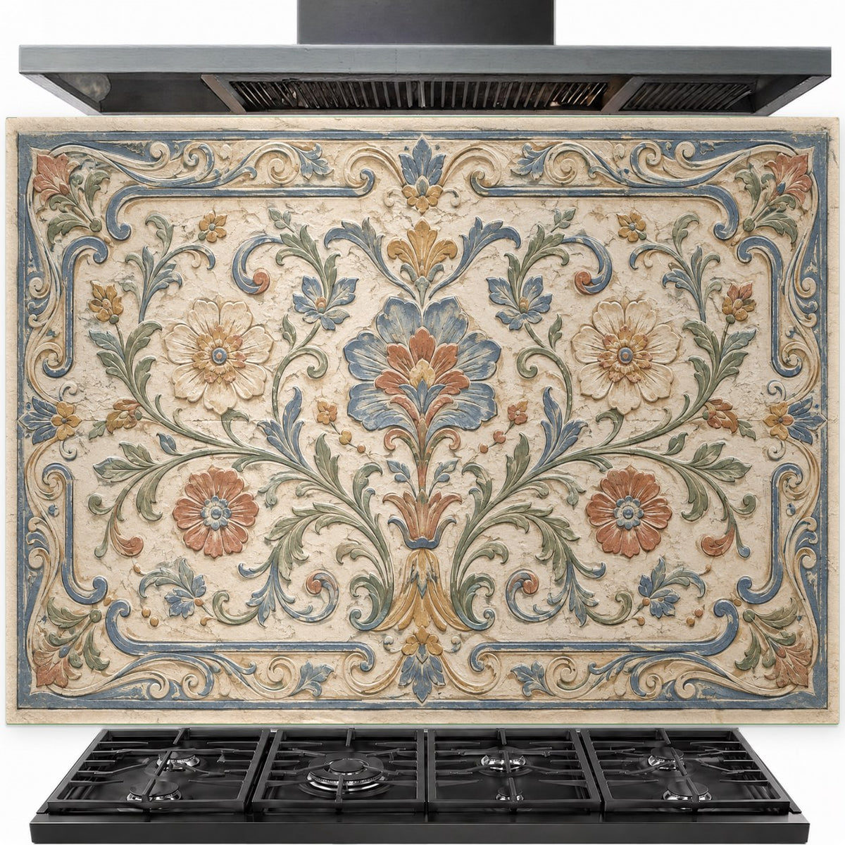 Mediterranean tile look tempered glass backsplash installed behind a professional gas stove in a rustic kitchen.