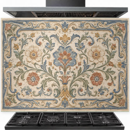 Mediterranean tile look tempered glass backsplash installed behind a professional gas stove in a rustic kitchen.