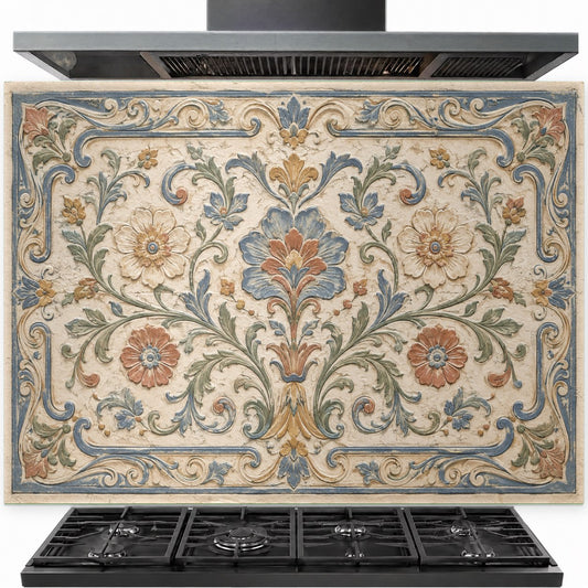 Mediterranean tile look tempered glass backsplash installed behind a professional gas stove in a rustic kitchen.