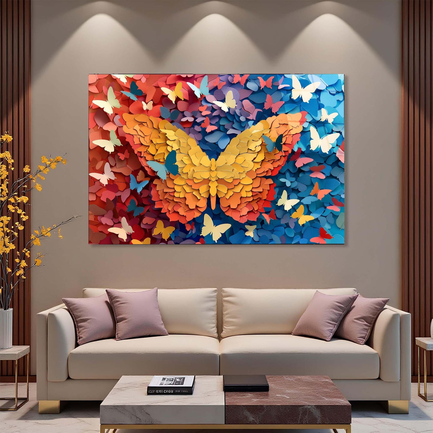 Colorful butterfly artwork on a wall above a beige sofa in a living room.