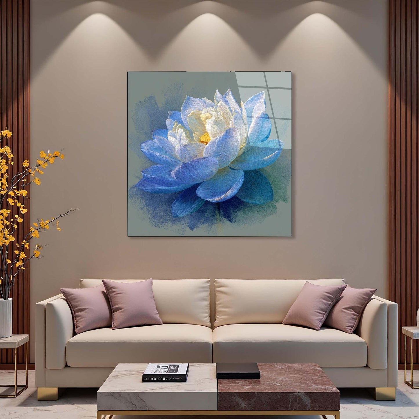 Decorative painting of a blue flower on a wall above a beige sofa with purple cushions.
