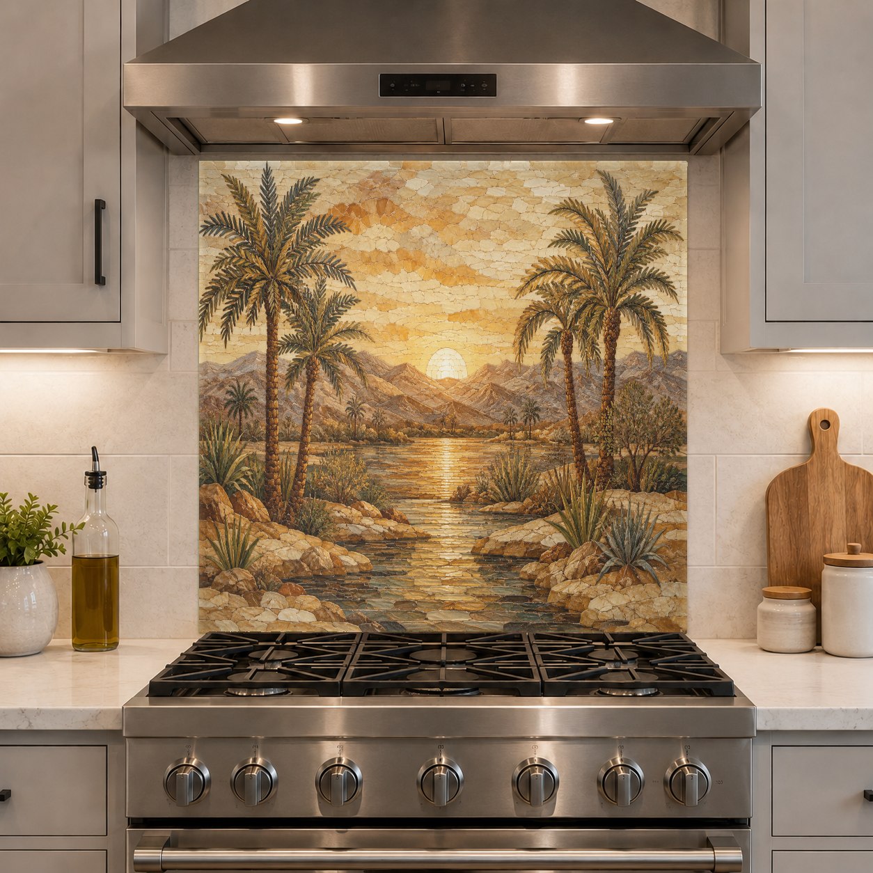 Modern kitchen featuring a Deco Sunrise tempered glass backsplash behind the stove, highlighting warm gold tones.