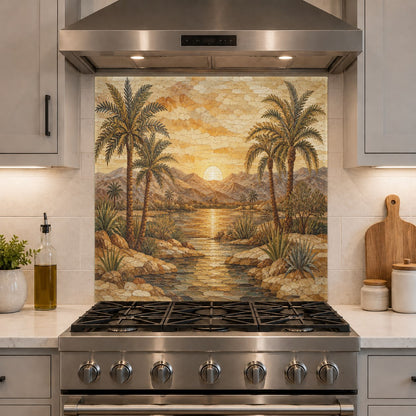 Modern kitchen featuring a Deco Sunrise tempered glass backsplash behind the stove, highlighting warm gold tones.