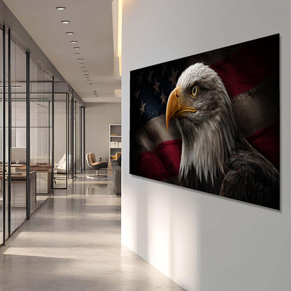 Eagle painting on a wall in a modern office hallway