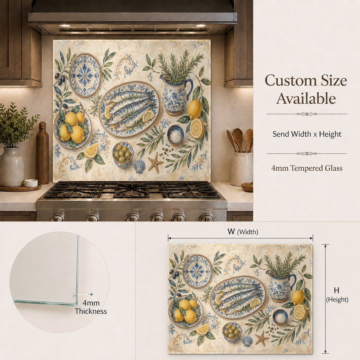 Close-up of the high-gloss, easy-to-clean tempered glass backsplash panel with lemon and fish illustrations.