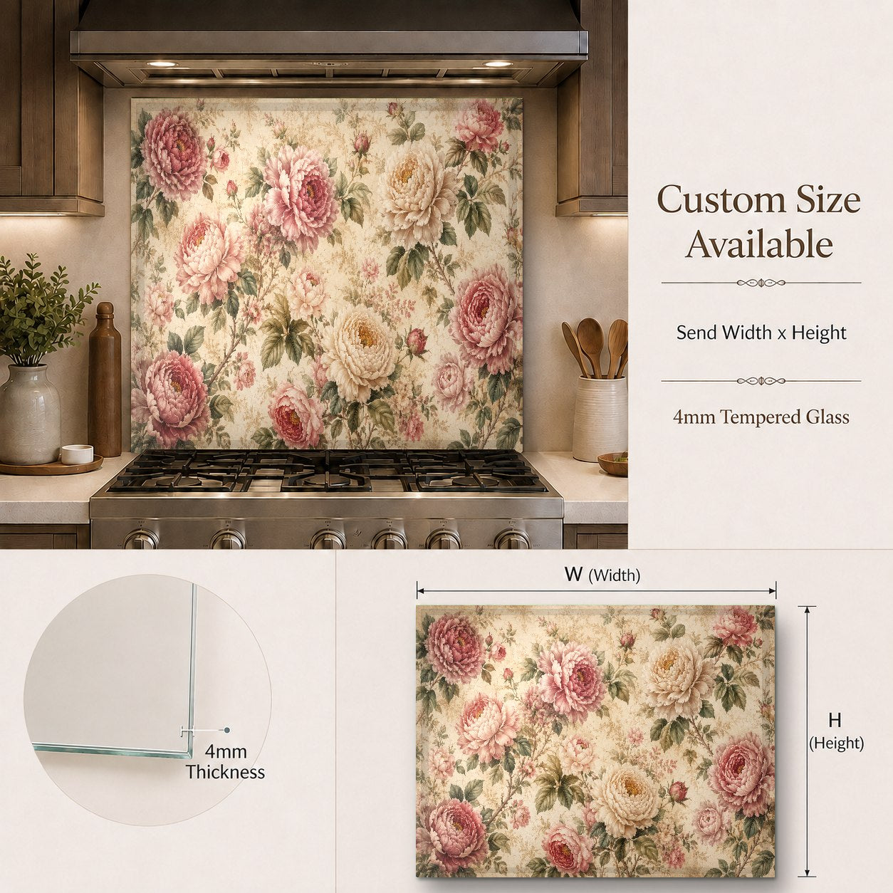 Vintage roses glass backsplash panel adding a beautiful floral accent to a cozy kitchen wet bar area.