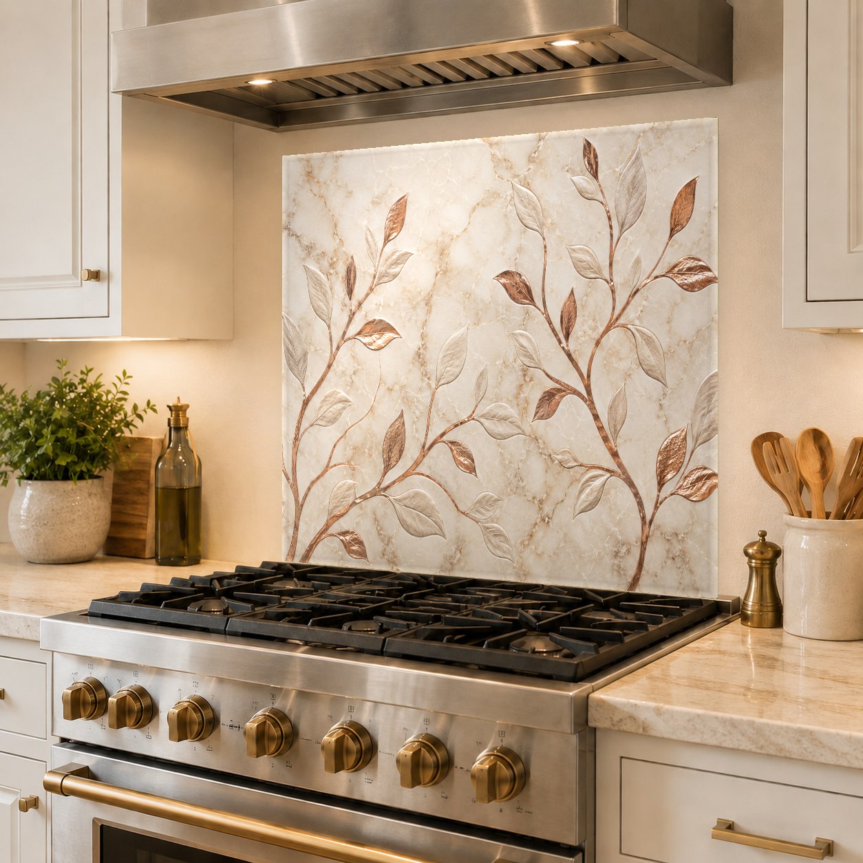 Reflective copper leaves kitchen glass backsplash showcasing glossy surface finish