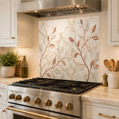 Reflective copper leaves kitchen glass backsplash showcasing glossy surface finish