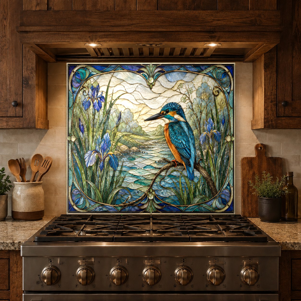 Custom sized Bird River glass backsplash installed in a modern family kitchen
