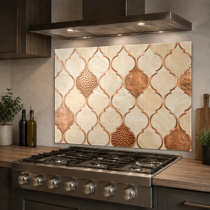 Modern kitchen design featuring a metallic copper geometric glass backsplash behind a professional range.