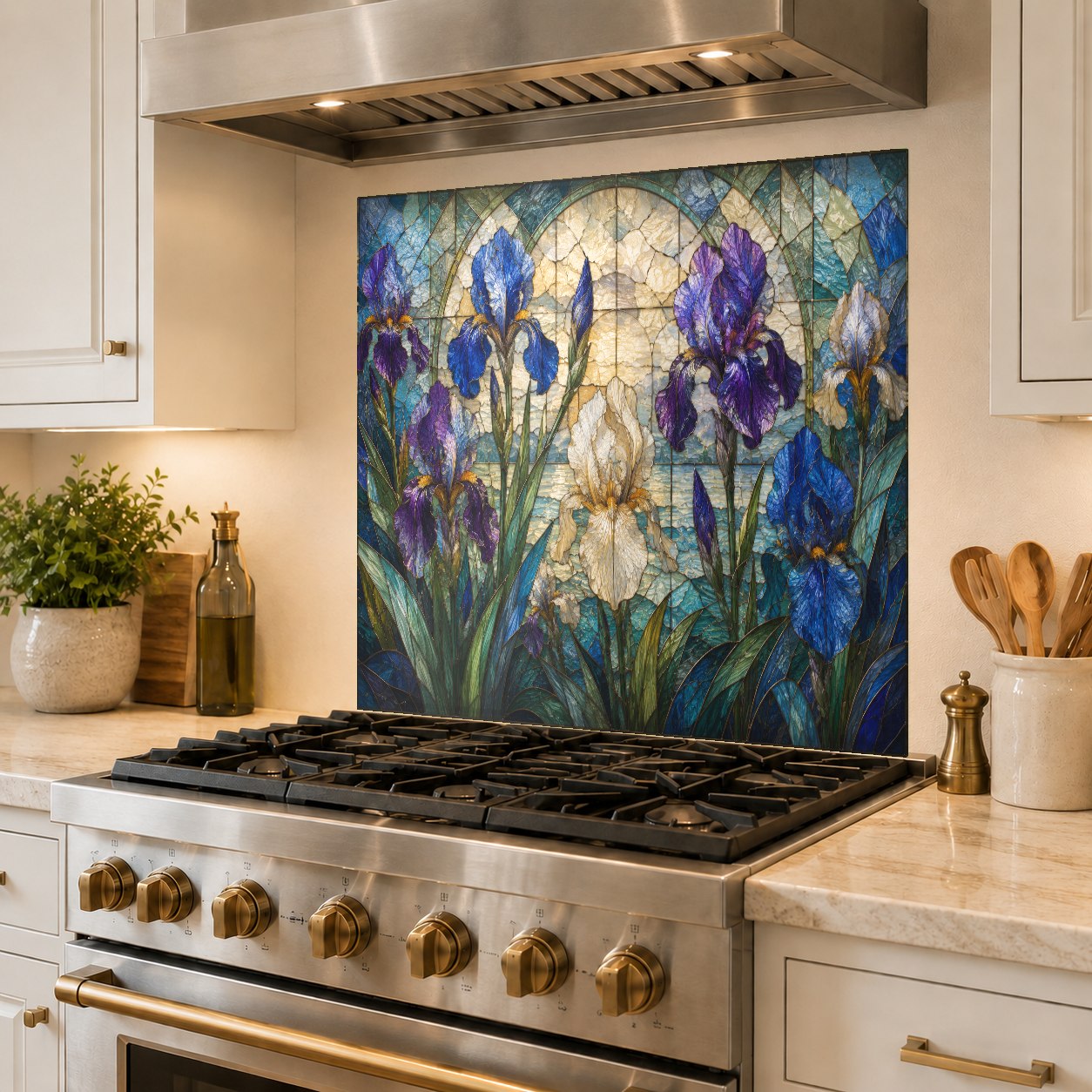 Modern kitchen interior showcasing a seamless floral glass backsplash with no grout lines