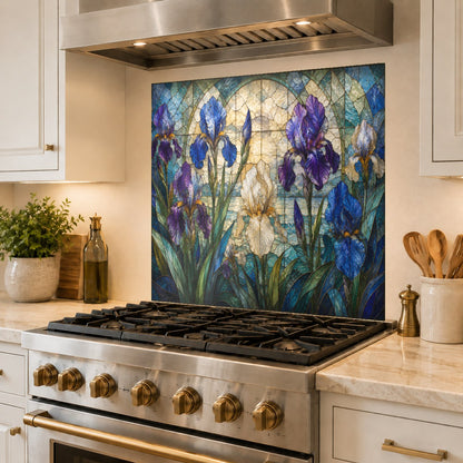 Modern kitchen interior showcasing a seamless floral glass backsplash with no grout lines