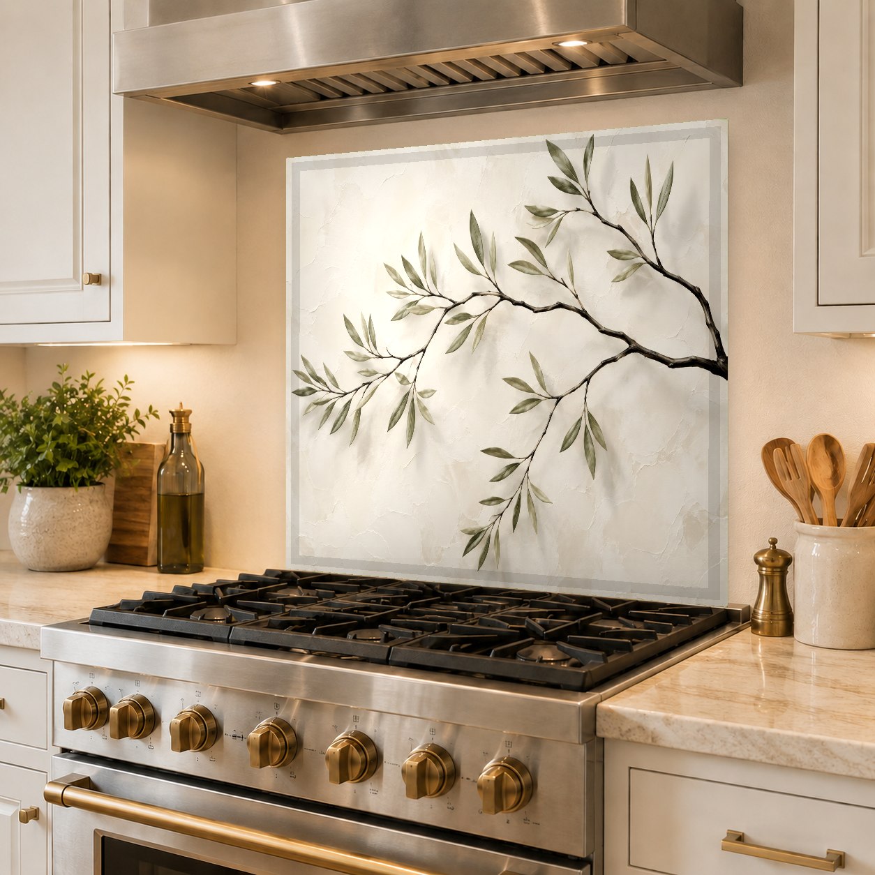 Seamless tempered glass kitchen backsplash panel with earthy tree branch design
