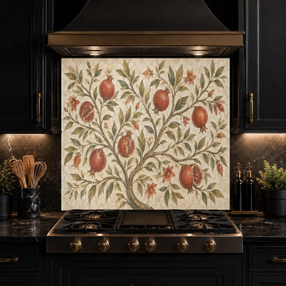Elegant home bar area featuring a botanical pomegranate glass backsplash behind the prep sink.