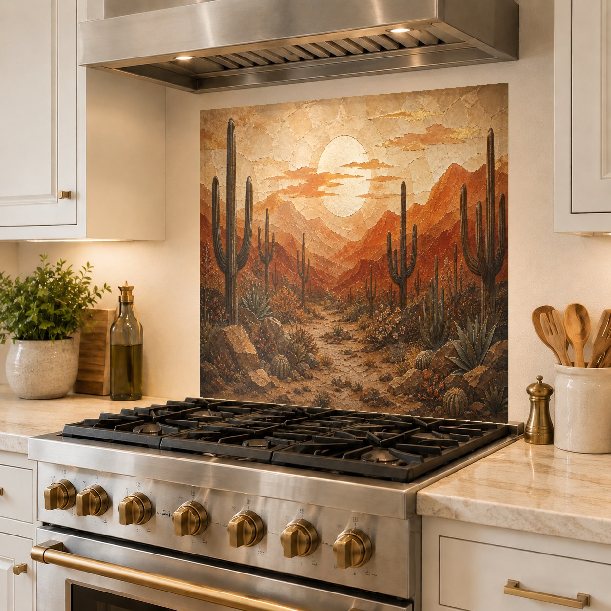 Desert sunset tempered glass panel used as a decorative and functional backsplash behind a professional range.