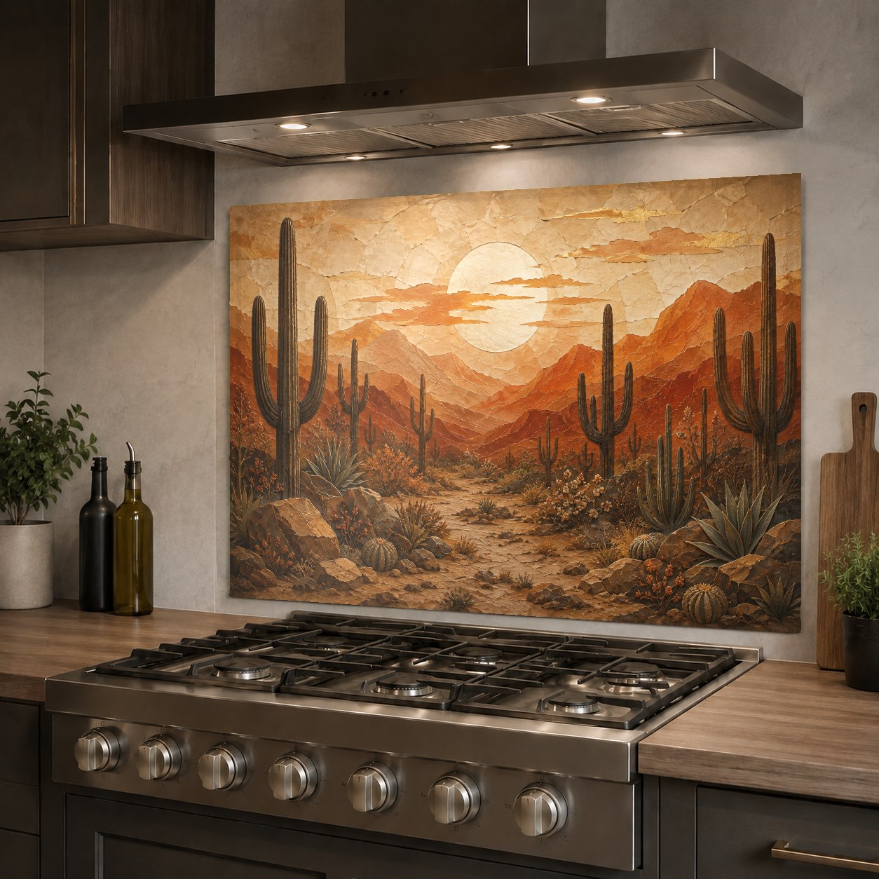 Close-up of a heat-resistant desert sunset glass backsplash protecting the kitchen wall behind a stove.