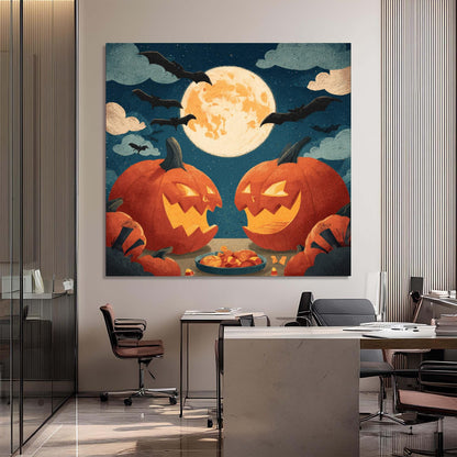 Halloween-themed painting of jack-o'-lanterns in an office setting