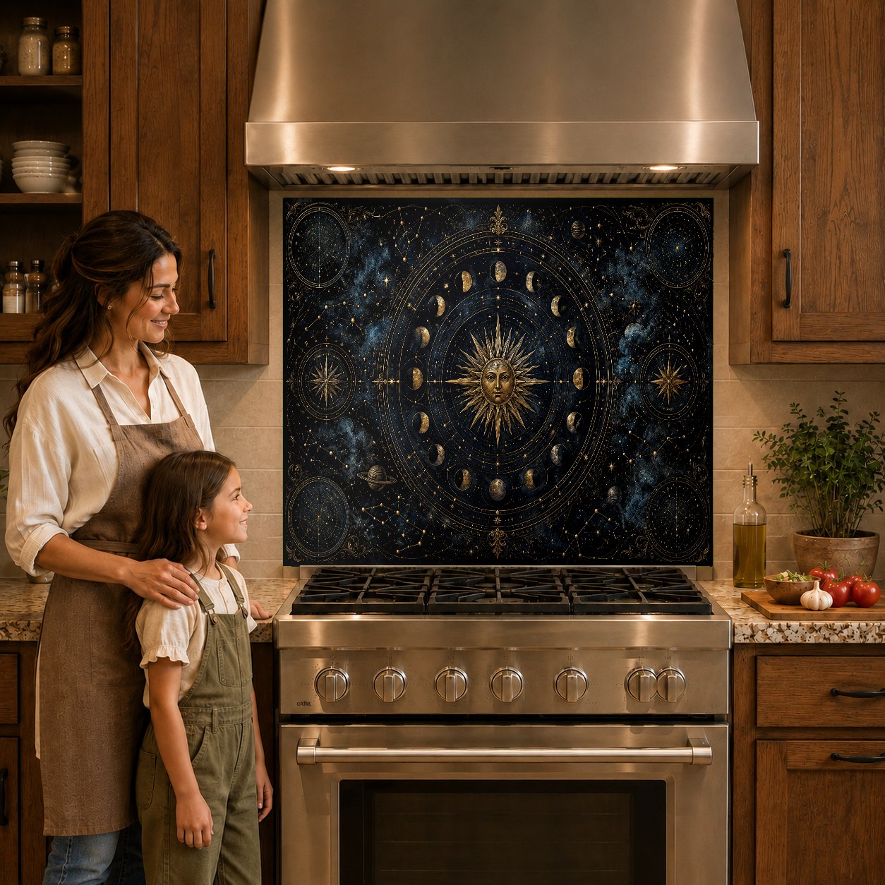 Celestial star map glass kitchen panel mounted behind a gas cooktop