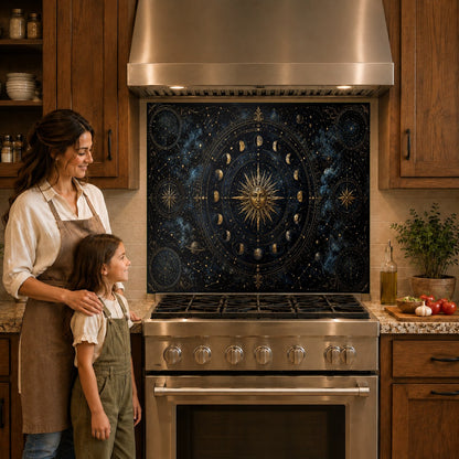Celestial star map glass kitchen panel mounted behind a gas cooktop