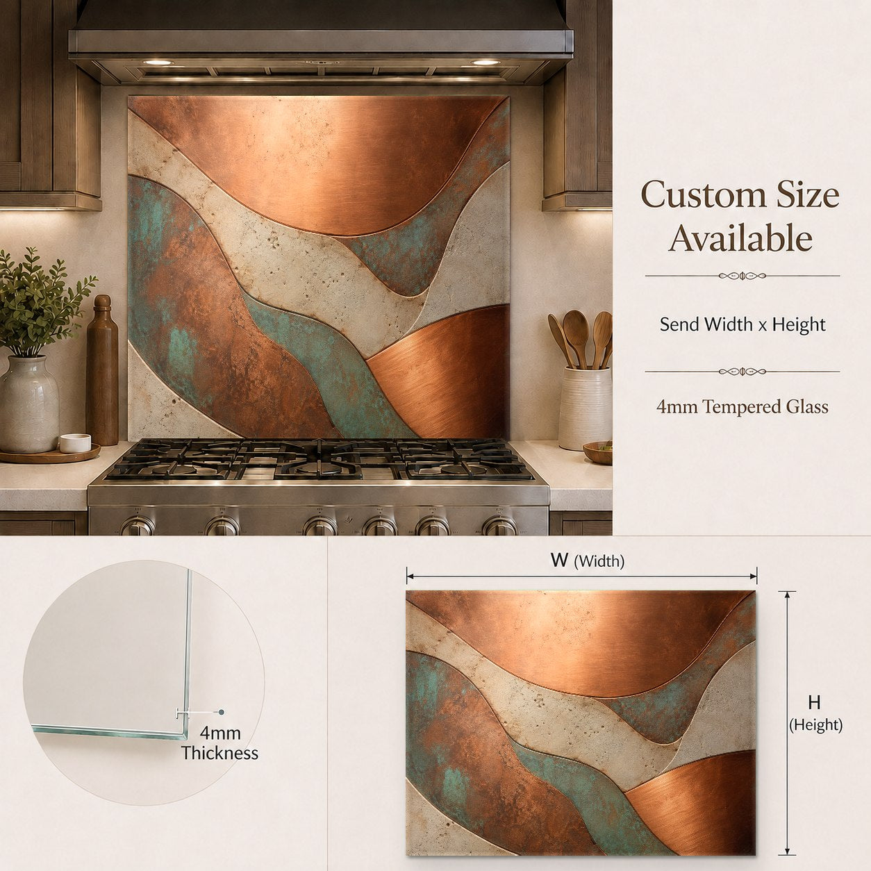 Close-up of a heat-resistant copper flow glass backsplash panel protecting the wall behind a stove.