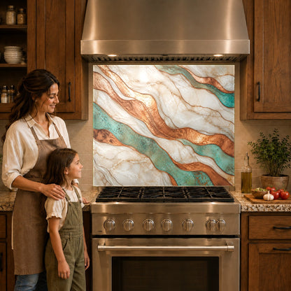 Close-up of a heat-resistant copper patina kitchen glass backsplash panel behind a sleek induction cooktop.