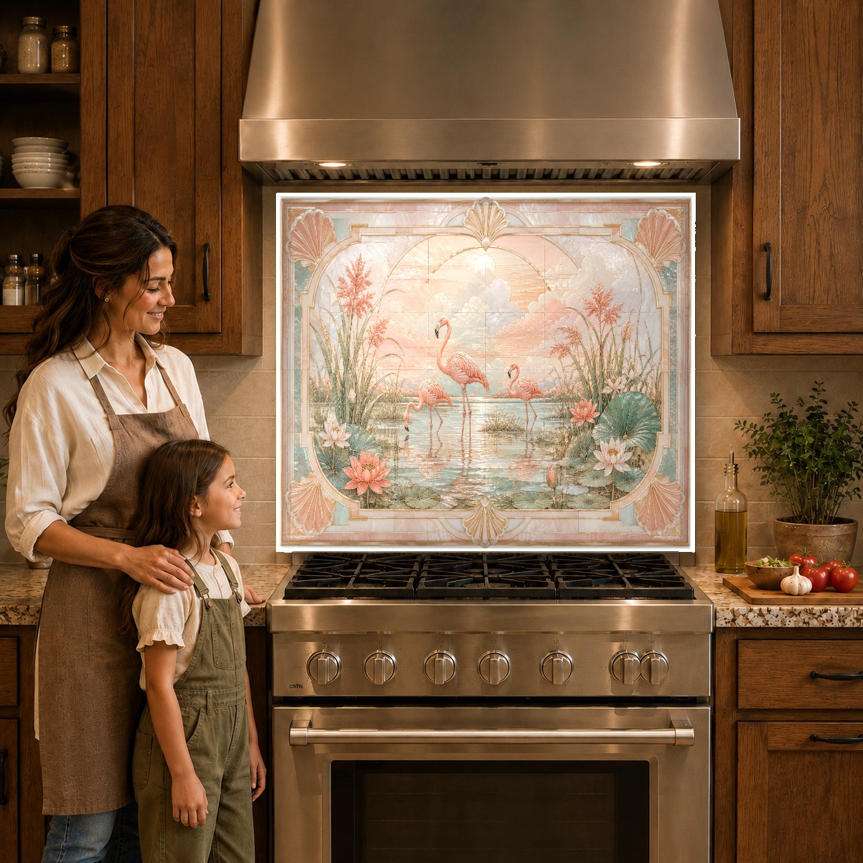 Vibrant tropical pink flamingos kitchen glass panel behind a sleek cooktop
