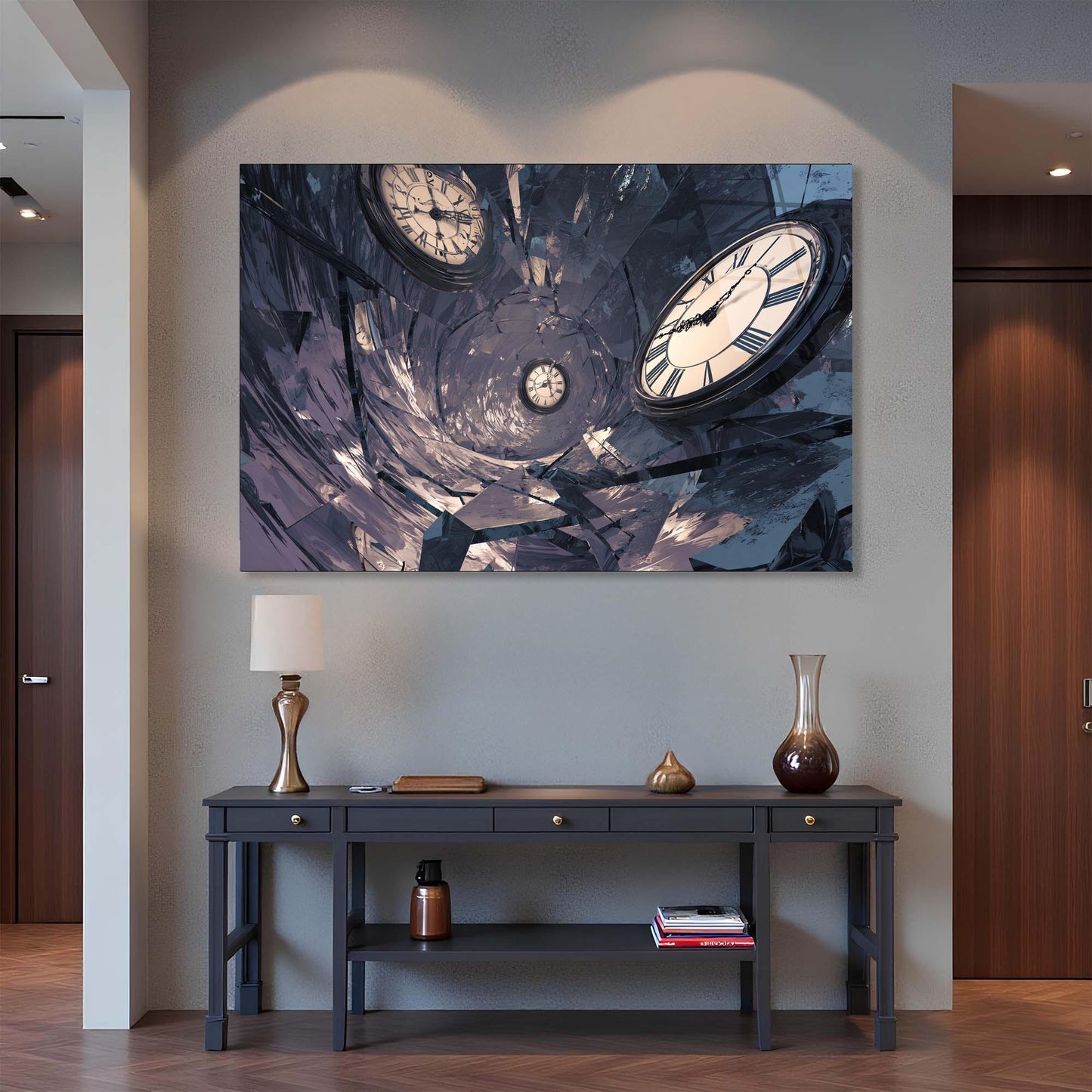 Framed artwork of a clock on a wall above a dark wooden console table.
