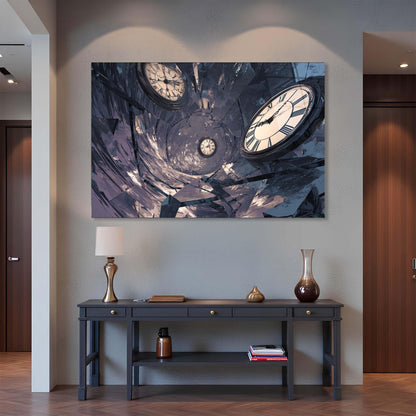 Framed artwork of a clock on a wall above a dark wooden console table.