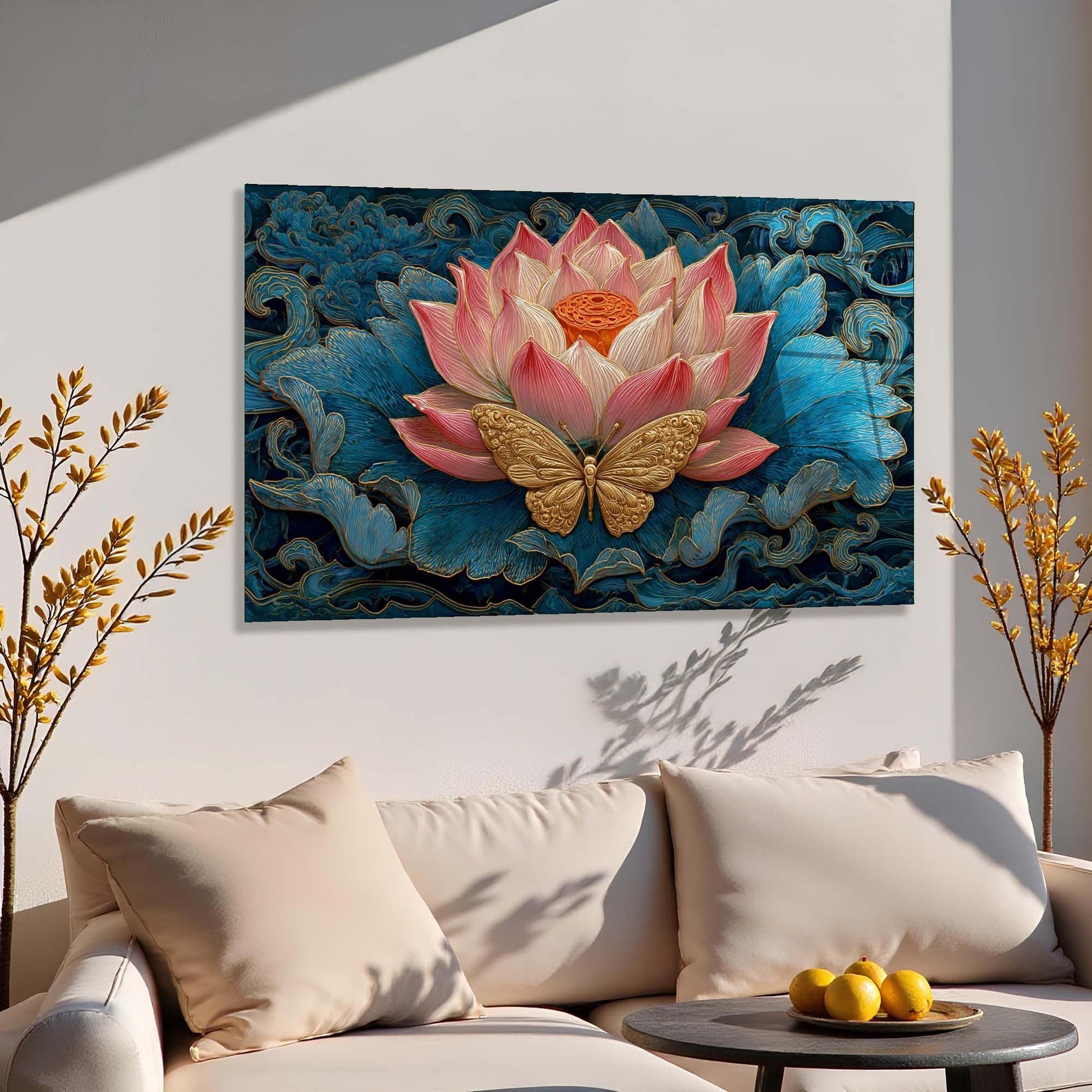 Decorative wall art of a pink lotus flower and gold butterfly in a living room setting.