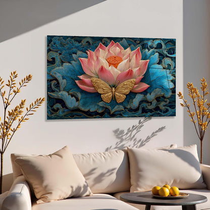 Decorative wall art of a pink lotus flower and gold butterfly in a living room setting.