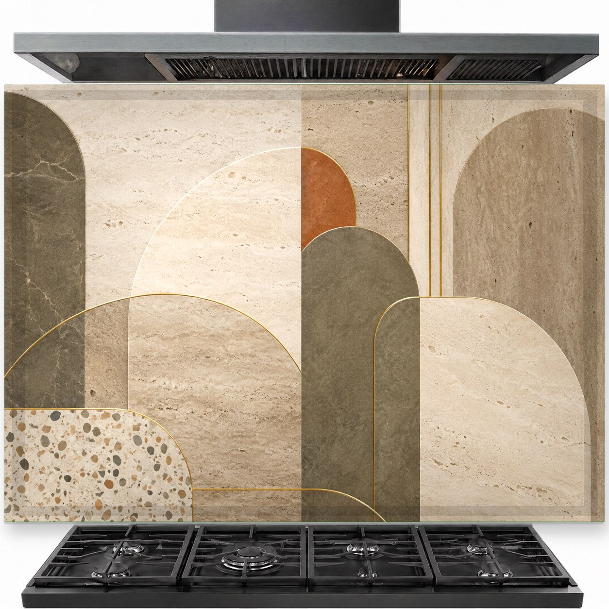 Abstract Flow tempered glass backsplash panel installed behind a modern gas stove in a contemporary kitchen.