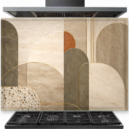 Abstract Flow tempered glass backsplash panel installed behind a modern gas stove in a contemporary kitchen.